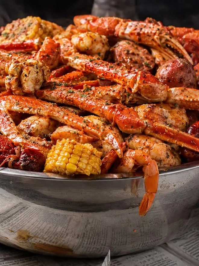Steaming bowl piled with crab legs, shrimp, corn, and sausage