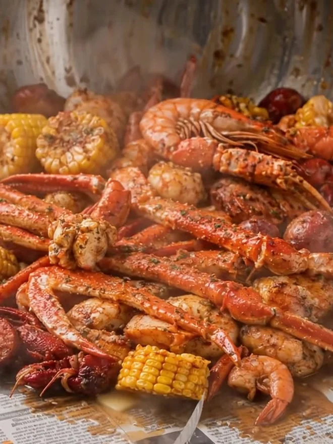 Crab legs, shrimp, and corn landing on the newspaper in steam