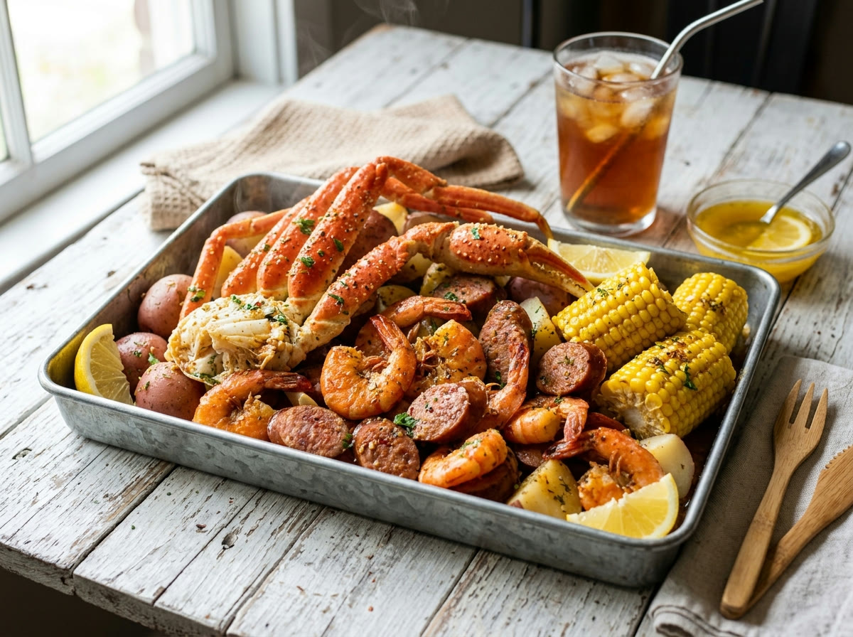 The Captain — snow crab legs, shrimp and sausage with corn
