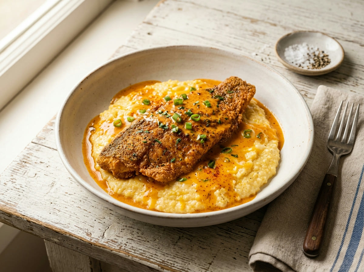 Fried snapper over creamy cheese grits